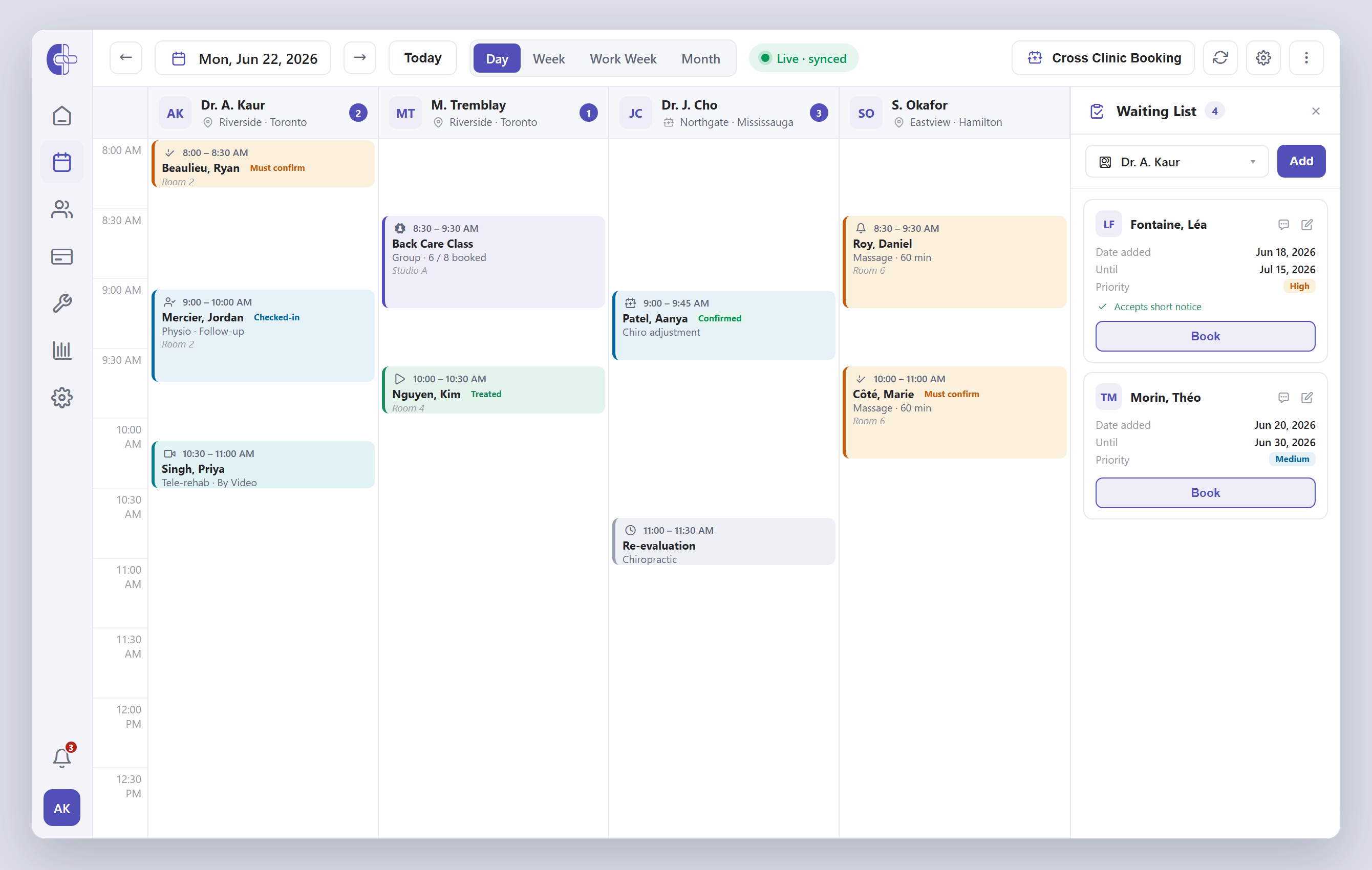 Clinicmaster multi-location calendar — one week across providers and locations