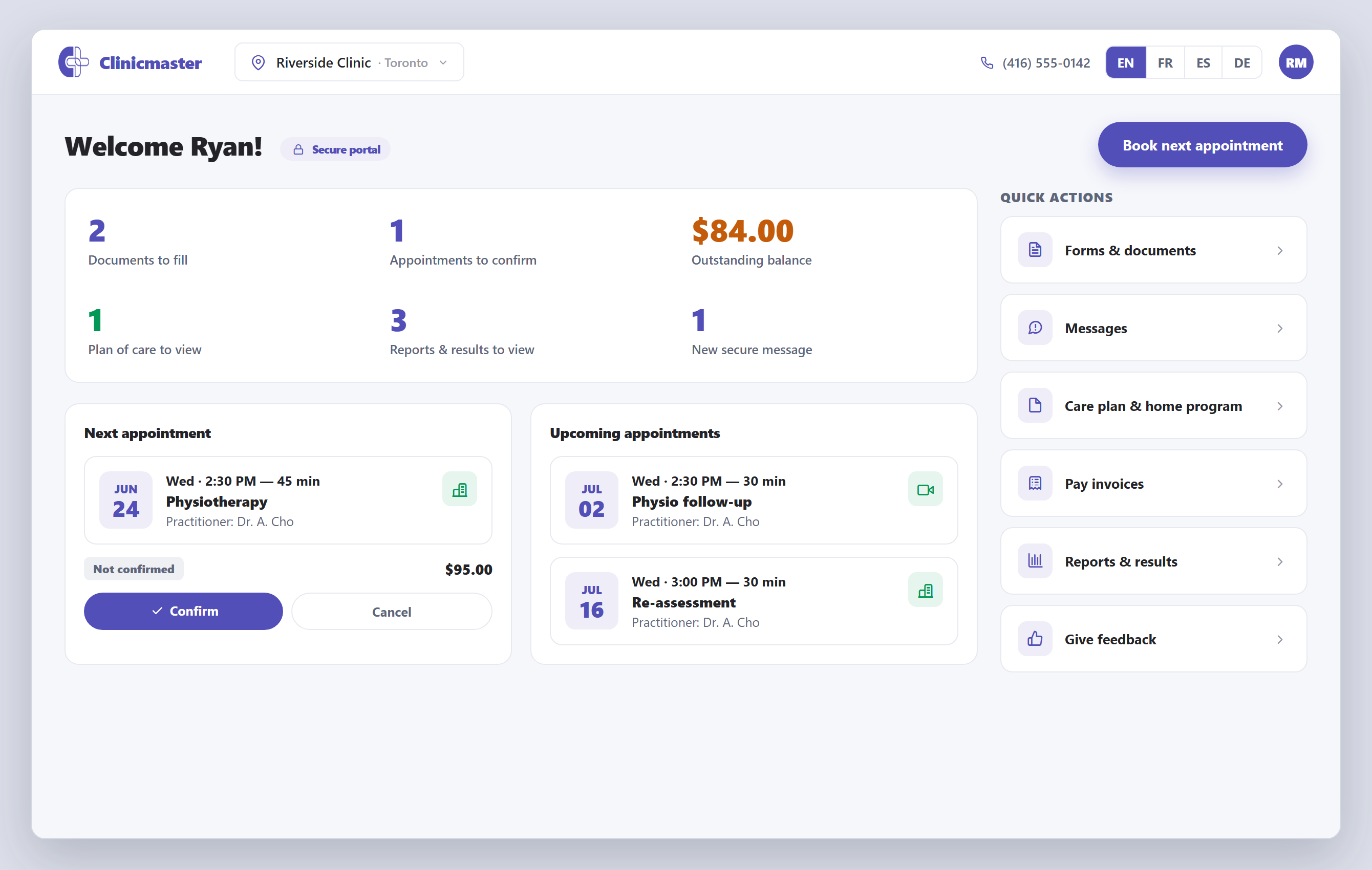 Clinicmaster patient portal home