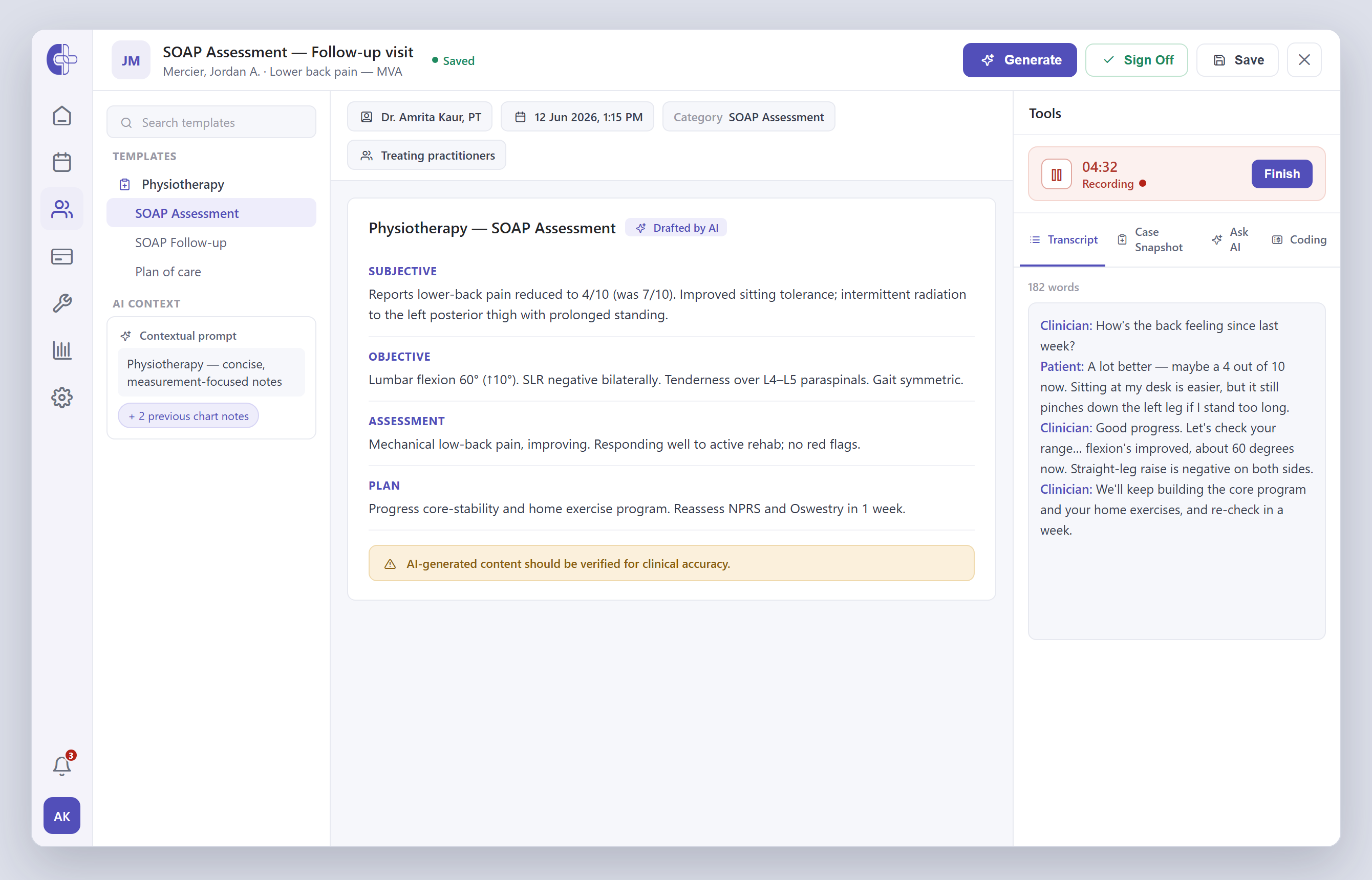Clinicmaster AI charting — visit audio to draft SOAP note