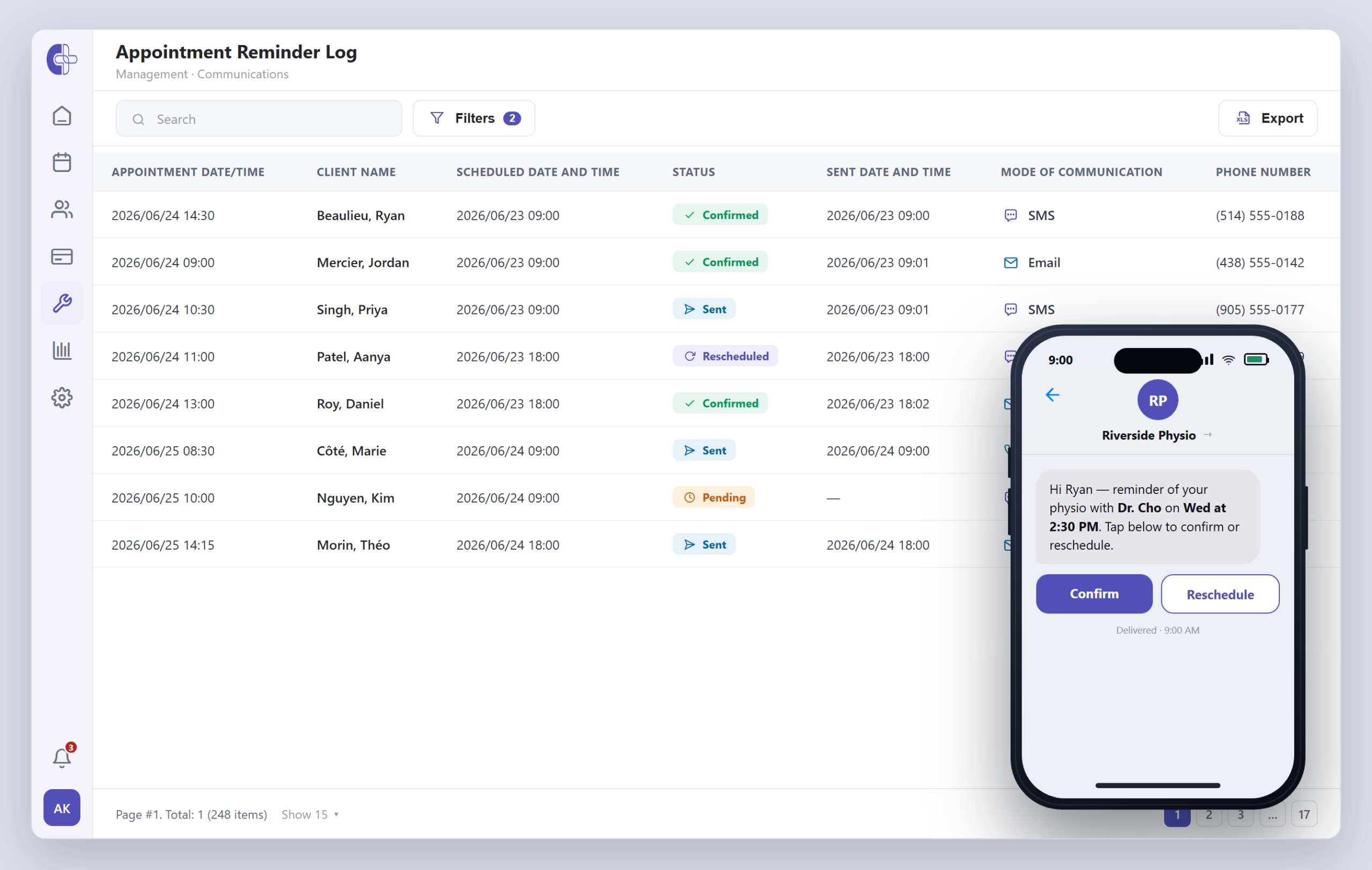 Journal des rappels de rendez-vous de Clinicmaster — rappels par SMS et courriel avec les statuts confirmé, envoyé, reprogrammé et en attente, aux côtés du téléphone d’un patient affichant un rappel Confirmer ou Reprogrammer en un tapotement.