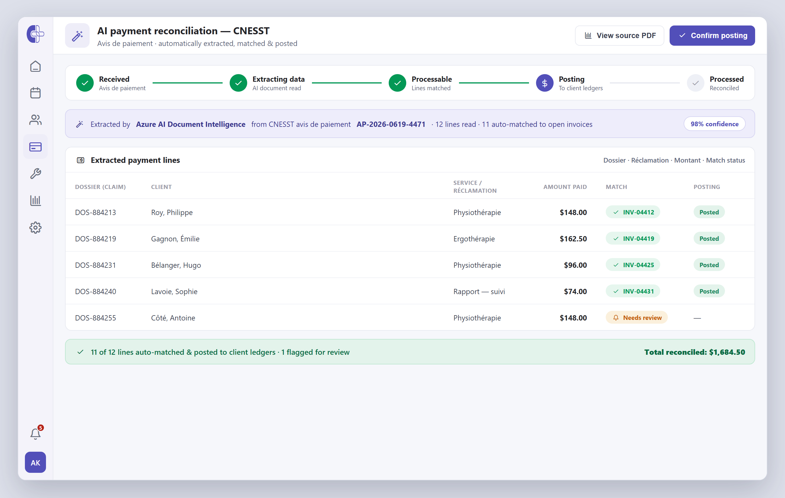 Clinicmaster billing — a CNESST avis-de-paiement processed by AI: a pipeline from received to extracted to matched to posted, with extracted payment lines auto-matched to invoices.