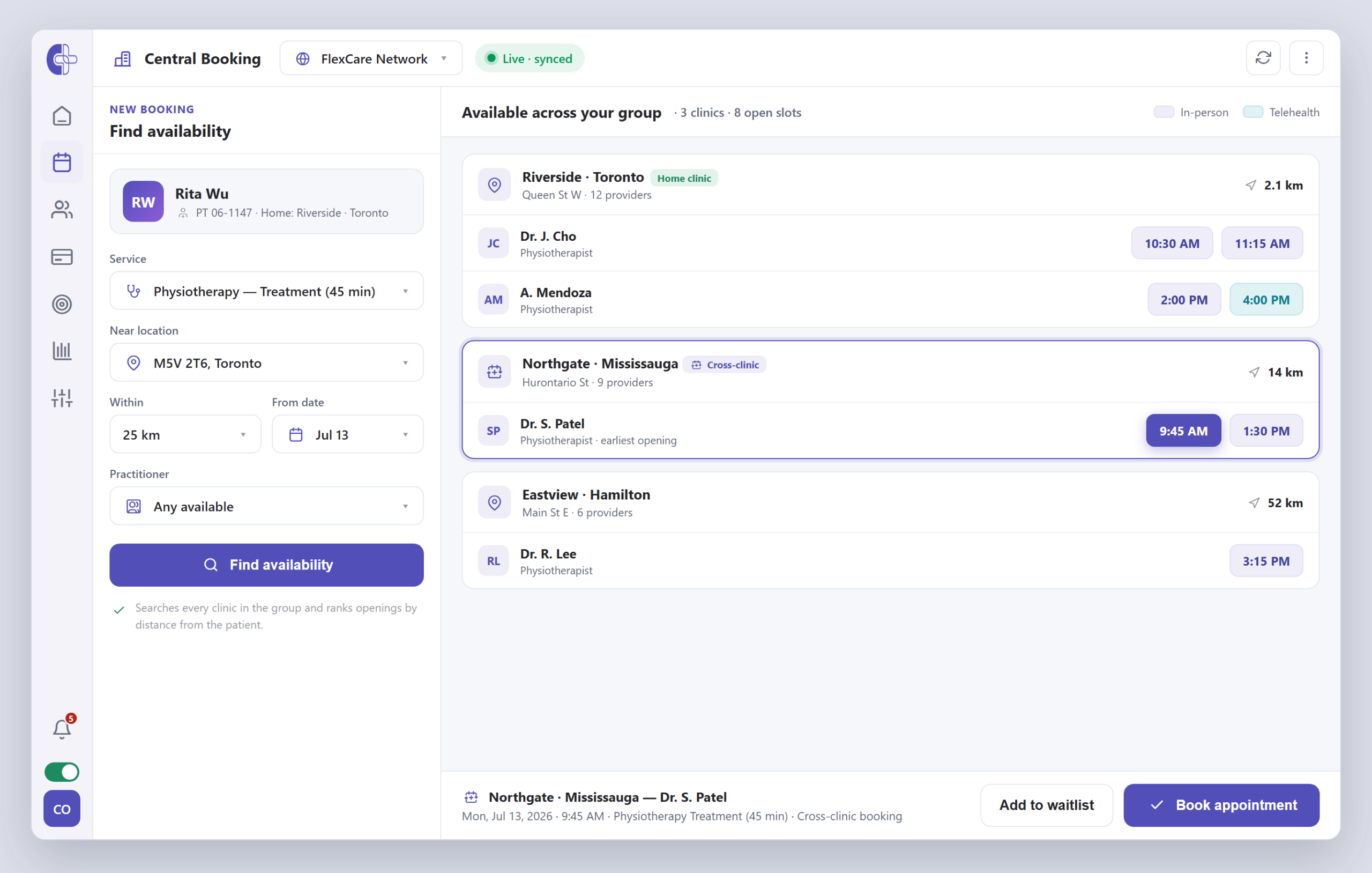 Prise de rendez-vous centrale de Clinicmaster — recherche de disponibilités entre cliniques et console de réservation couvrant un groupe de cliniques