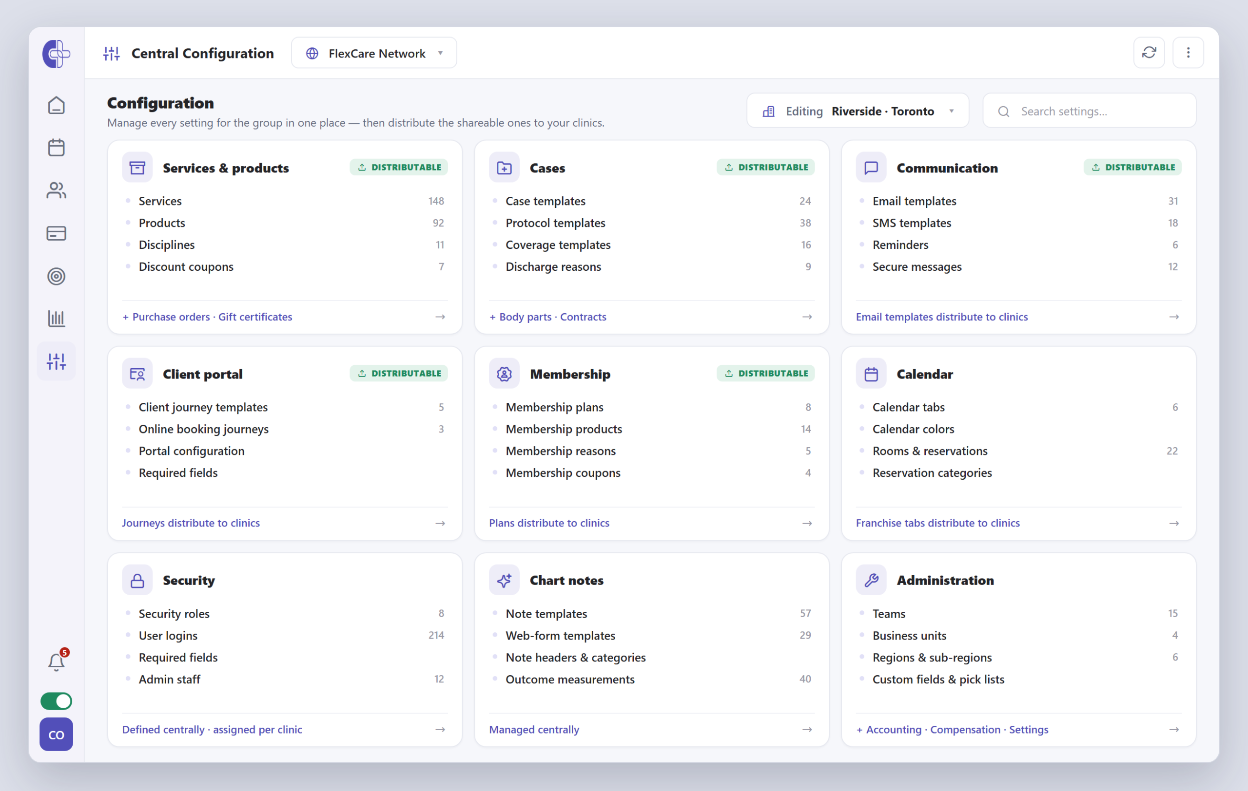 Accueil de la Configuration centrale de Clinicmaster — une grille de catégories de paramètres (Services et produits, Cas, Communication, Portail client, Adhésion, Calendrier, Sécurité, Notes au dossier, Administration) avec des étiquettes « Distribuable » et un sélecteur de cliniques.