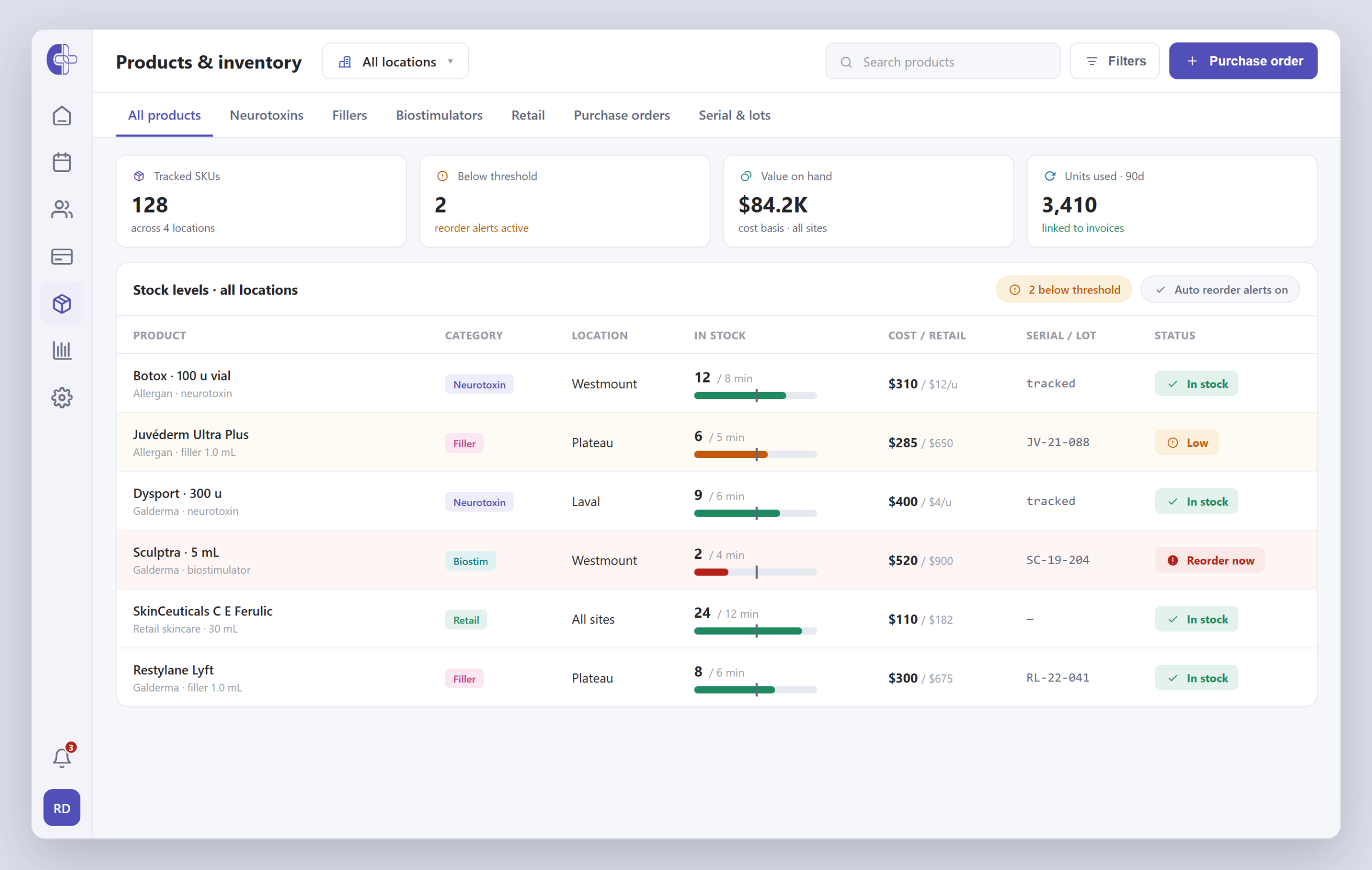 Clinicmaster products and inventory grid — per-clinic stock levels, minimum-quantity thresholds with low-stock warnings, cost and retail pricing, and serial/identifier tracking.
