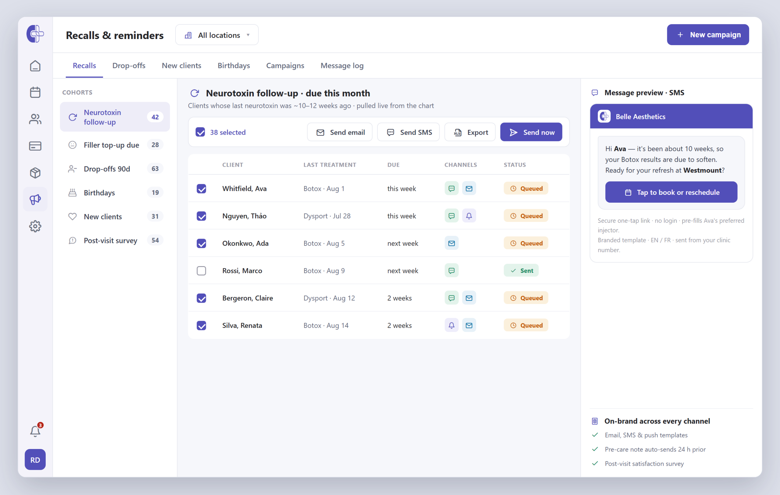 Clinicmaster recall and reminder screen — a cohort of clients due for an aesthetic follow-up with batch email and SMS actions.
