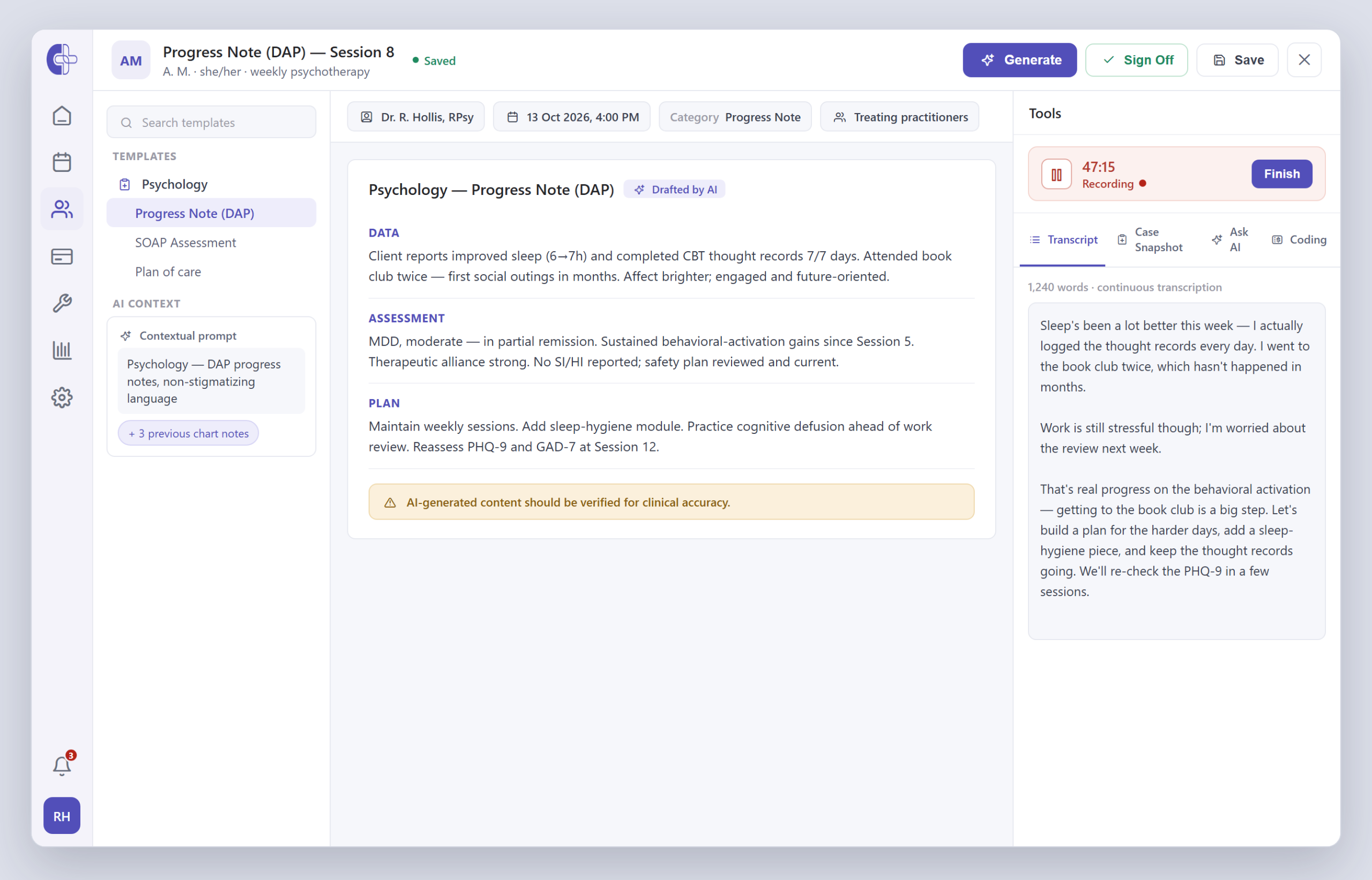 Clinicmaster AI Charting — a psychology DAP progress note drafted by AI, with the client's prior chart notes pulled in as context, the session transcript on the right, a Generate button, and a reminder that AI-generated content should be verified for clinical accuracy.