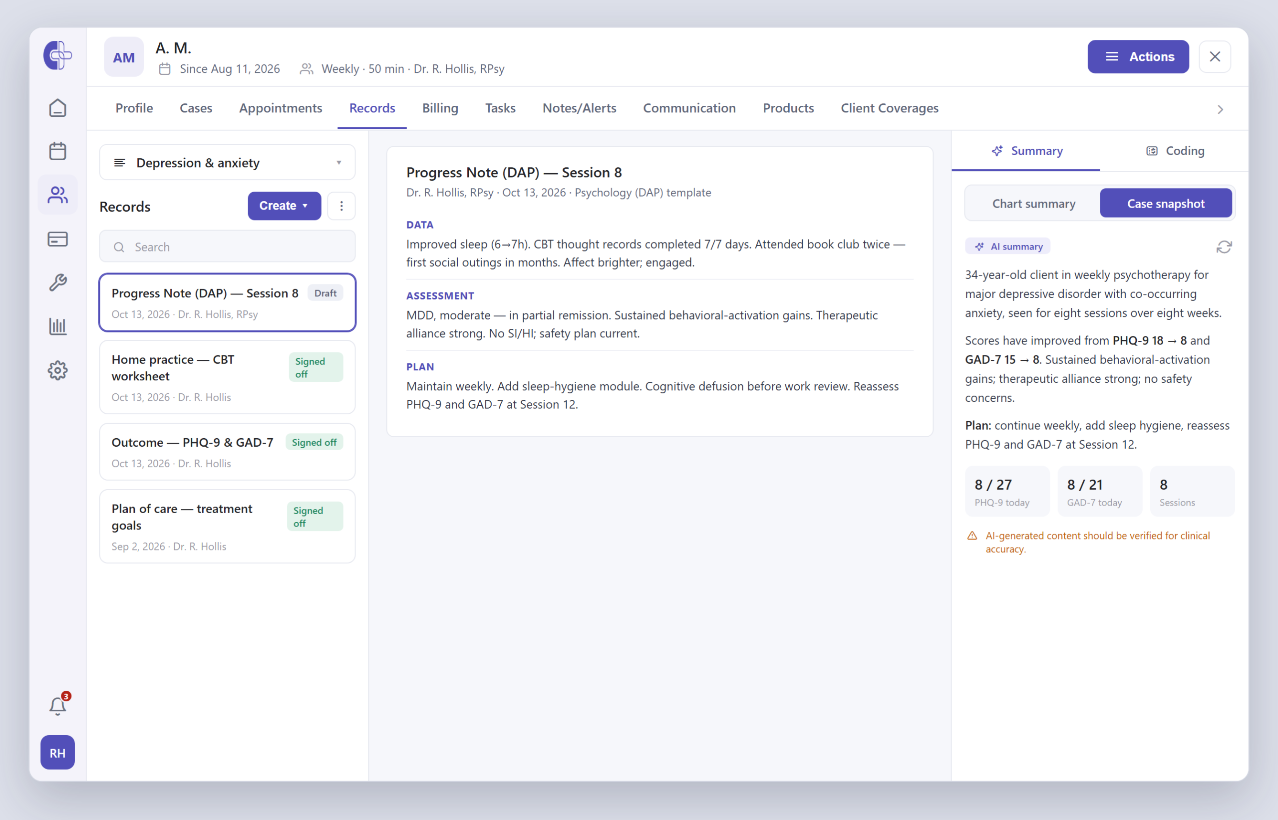 Clinicmaster structured documentation: a DAP progress note alongside an AI case snapshot summarizing PHQ-9 and GAD-7 scores over the course of care.