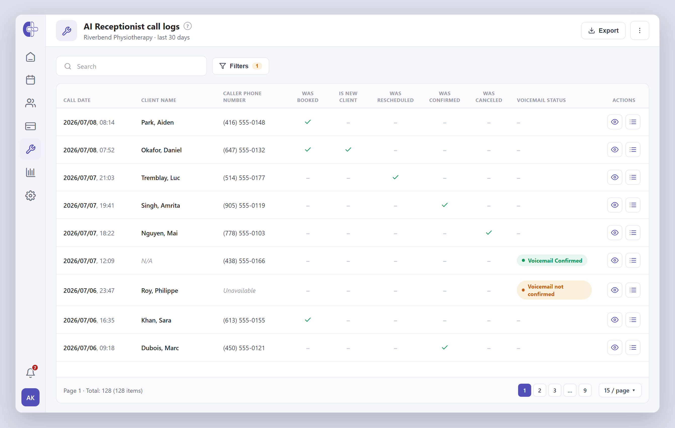 Le journal des appels de la Réceptionniste IA Clinicmaster — un tableau des appels indiquant la date, le nom du client et le numéro de l’appelant, des colonnes à cocher indiquant si chaque appel a été réservé, un nouveau client, reprogrammé, confirmé ou annulé, et une colonne de statut de messagerie vocale, avec des actions de consultation et de consultation du journal sur chaque appel.