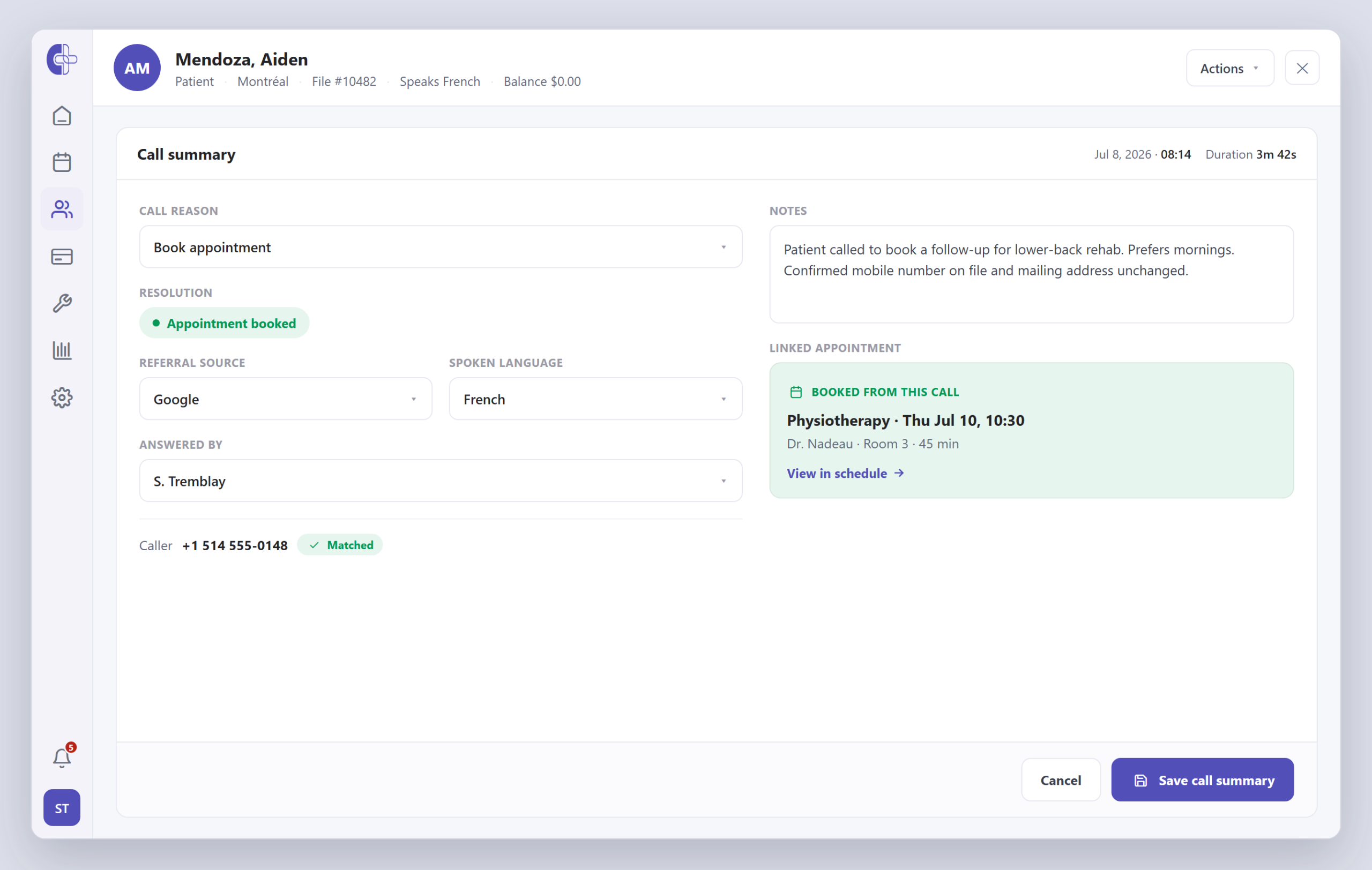 A completed VOIP call summary on a patient record showing reason, resolution, referral source, spoken language, notes and the appointment booked from the call.